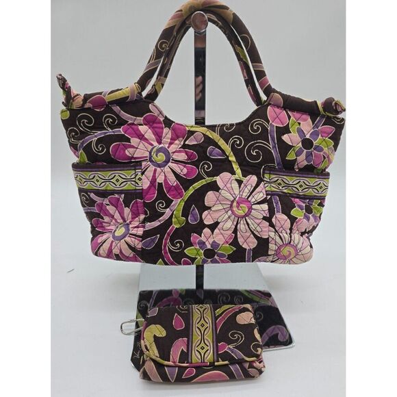 Vera Bradley Quilted Floral Handbag With Coin Purse - Brown Pink Green Multi - Picture 1 of 6